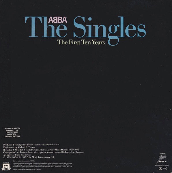 Image of Back Cover of 3414388C: 2xLP - ABBA, The Singles (The First Ten Years) (Epic; ABBA 10, UK 1982, Gatefold, 2 Inners, Blue Labels) Clean Vinyl, Very light crease to inners  VG+/VG+