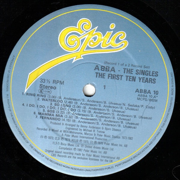 Image of Label Cover of 2xLP - VG/VG - ABBA, The Singles (The First Ten Years) (Epic Light Blue / Yellow Logo; ABBA 10, UK 1982, Stickered Gatefold Sleeve, 2 Inserts), Sleeve worn & creased.,  - 3116117C