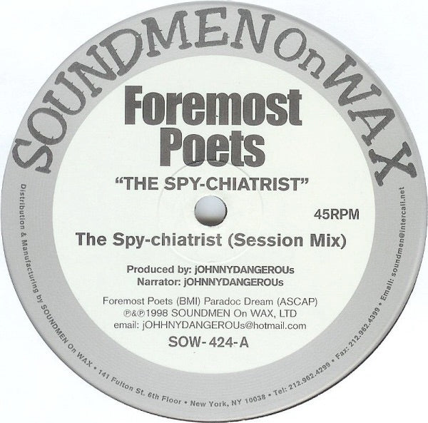 Image of Front Cover of 3414443C: 12" - FOREMOST POETS, The Spy-Chiatrist (Soundmen On Wax; SOW-424, US 1998) Very light marks only, clean vinyl and labels.  Comes with new generic sleeve and inner.  /VG+