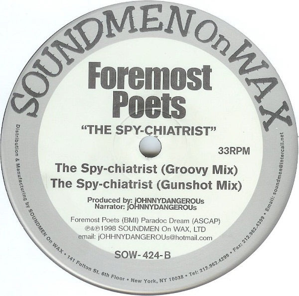 Image of Back Cover of 3414443C: 12" - FOREMOST POETS, The Spy-Chiatrist (Soundmen On Wax; SOW-424, US 1998) Very light marks only, clean vinyl and labels.  Comes with new generic sleeve and inner.  /VG+