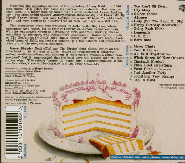 Image of Back Cover of 3534003E: CD - THE PIRATES, Happy Birthday Rock'N'Roll...Plus (Zircon; Zirc 1010, UK 1999)   VG+/VG+