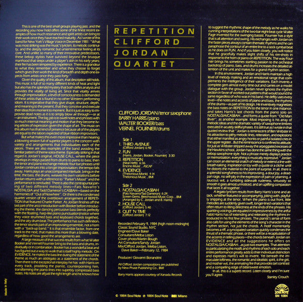 Image of Back Cover of 3524007E: LP - CLIFFORD JORDAN QUARTET, Repetition (Soul Note; SN 1084, Italy 1984, Laminated Sleeve)   VG+/VG