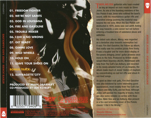 Image of Back Cover of 3534015E: CD - STEVE JONES, Fire And Gasoline (Rock Candy; CANDY364, UK & US 2019)   VG+/VG+