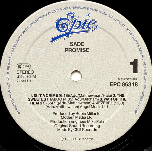 Image of Label Cover of LP - VG/VG - SADE, Promise (Epic; EPC 86318, Epic  � 86318, Europe 1985, Gatefold, No Inner, White title on front sleeve), Light hairlines. Inside of gatefold has a tear as the two flaps were stuck together.,  - 4126225E