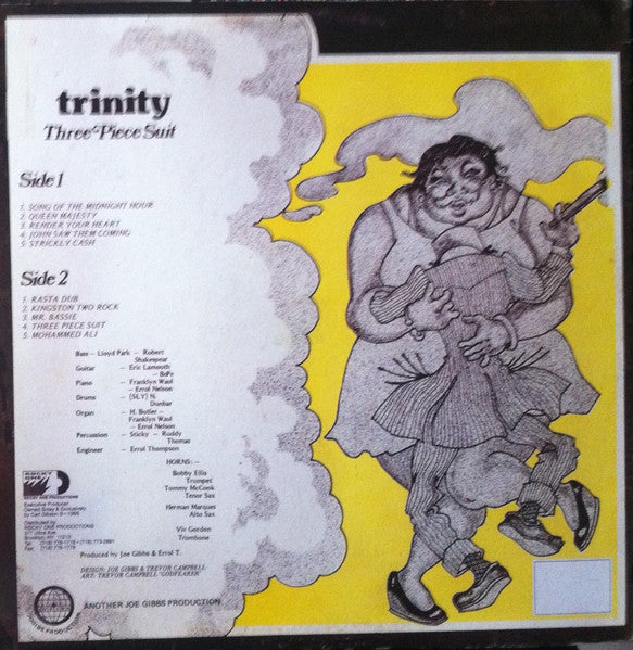 Image of Back Cover of 3524073E: LP - TRINITY, Three Piece Suit (Joe Gibbs Record Globe; none,  1995 Reissue, Picture Sleeve) Strong VG all round/ Light marks & scufs/dint. Edgewear/minor creasing/foxing.  VG/VG