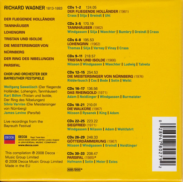 Image of Back Cover of 33xCD - VG+/VG+ - VARIOUS, Wagner: The Great Operas From The Bayreuth Festival (Decca; 478 0279, Europe 2008, Box Set, Booklet), ,  - 3336013E