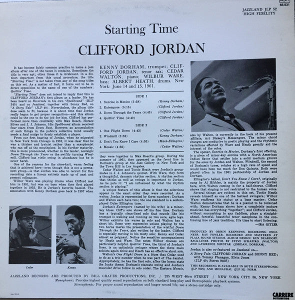 Image of Back Cover of 3524148E: LP - CLIFFORD JORDAN, Starting Time (Jazzland; 68.931, France 1982) Mottling on both sides, plays with light surface noise throughout. Corner creasing.   VG/G+