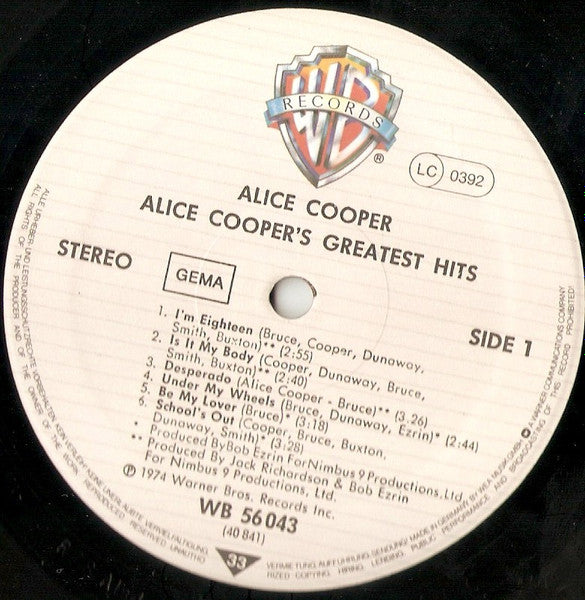 Image of Label of 3524181E: LP - ALICE COOPER, Greatest Hits (Warner Bros; WB56043, Germany 1980s Reissue, Inner, GEMA Box, STRAWBERRY Mastering)   VG+/VG+