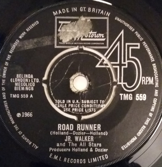 Image of Front Cover of 3524263E: 7" - JR. WALKER AND THE ALL STARS, Road Runner/ Shoot Your Shot (Tamla Motown; TMG 559, UK 1966, Company Sleeve, 4 prong centre) Light marks. Wear to centre spindle.  G+/VG