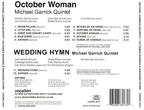 Image of Back Cover of 3514157C: CD - MICHAEL GARRICK QUINTET FEATURING JOE HARRIOTT AND SHAKE KEANE, October Woman (Vocalion; CDSML 8413, UK 2005, Jewel Case)   VG+/VG+