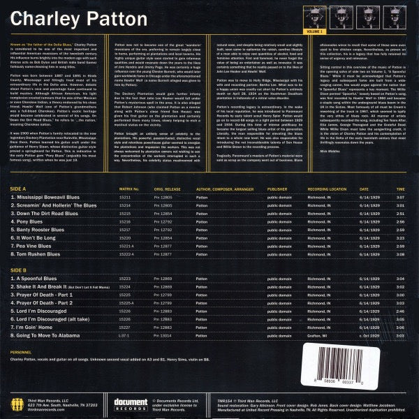 Image of Back Cover of 3514186C: LP - CHARLEY PATTON, Complete Recorded Works In Chronological Order Volume 1 (Third Man Records; TMR154, US 2013, Print, Repress) Still In Shrinkwrap  EX/EX