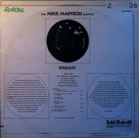 Image of Back Cover of 3524287E: LP - THE MIKE MAINIERI QUARTET, Insight (Solid State Records; USS 7006, UK 1968, Picture Sleeve, Inner)   VG/VG+