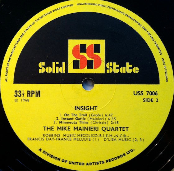 Image of Label of 3524287E: LP - THE MIKE MAINIERI QUARTET, Insight (Solid State Records; USS 7006, UK 1968, Picture Sleeve, Inner)   VG/VG+