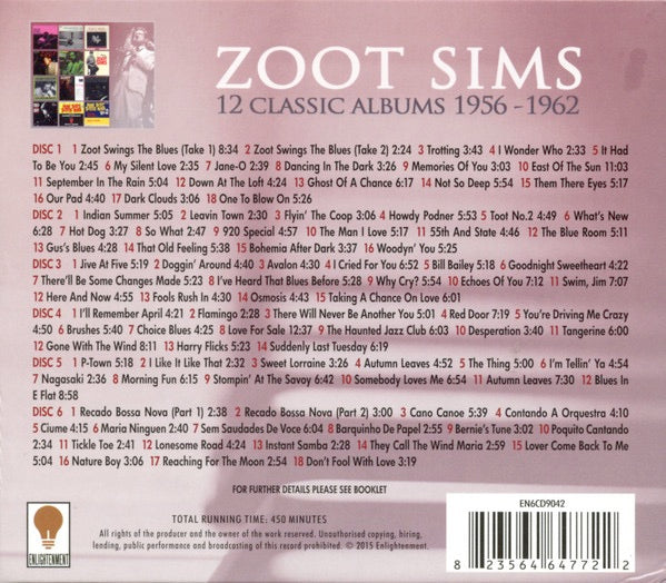 Image of Back Cover of 3514183C: 6xCD - ZOOT SIMS, 12 Classic Albums 1956-1962 (Enlightenment; EN6CD9042, UK 2015, Box Set)   VG+/VG+