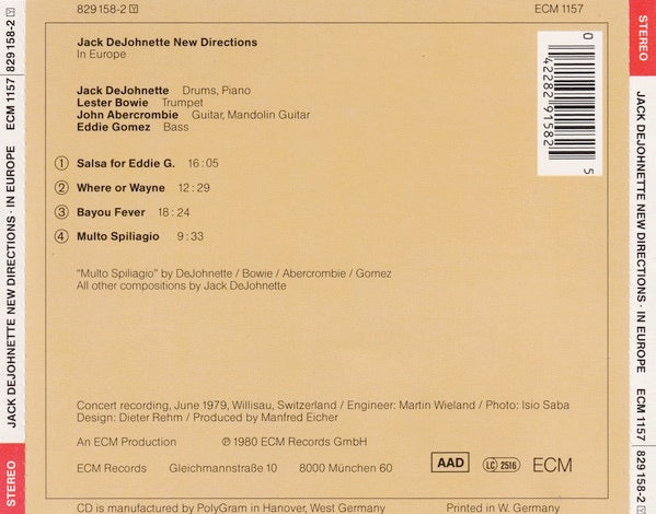 Image of Back Cover of 3514184C: CD - JACK DEJOHNETTE NEW DIRECTIONS, In Europe (ECM Records; ECM 1157, Europe 1986 Reissue, Jewel Case)   VG+/VG+