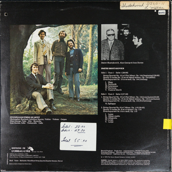 Image of Back Cover of 3524190E: LP - FITZWILLIAM STRING QUARTET, Shostakovich: String Quartets Nos. 8 & 15 (L'Oiseau-Lyre; DSLO 11, UK 1976, Insert)   VG+/VG+