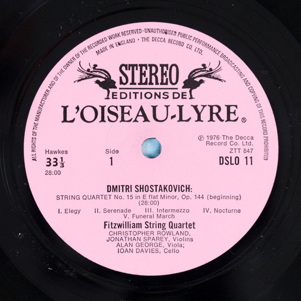 Image of Label of 3524190E: LP - FITZWILLIAM STRING QUARTET, Shostakovich: String Quartets Nos. 8 & 15 (L'Oiseau-Lyre; DSLO 11, UK 1976, Insert)   VG+/VG+