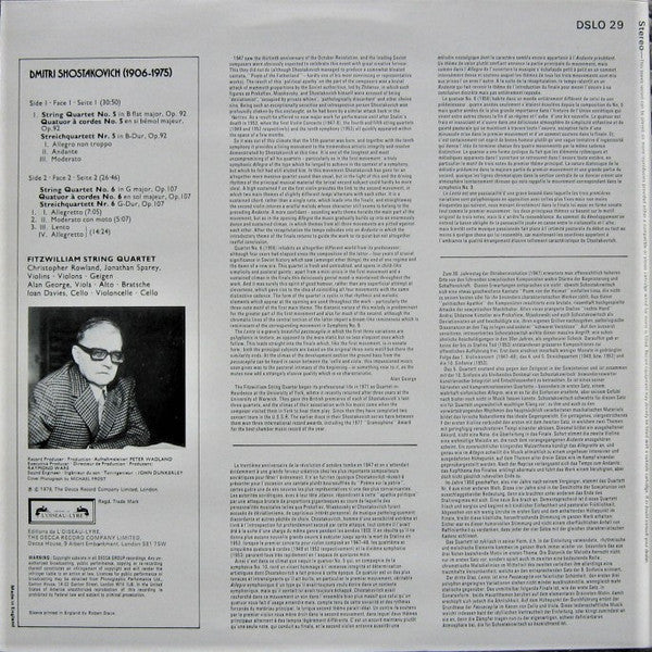 Image of Back Cover of 3524193E: LP - FITZWILLIAM STRING QUARTET, Shostakovich: String Quartets Nos. 5 & 6 (L'Oiseau-Lyre; DSLO 29, UK 1978, Insert)   VG+/VG+