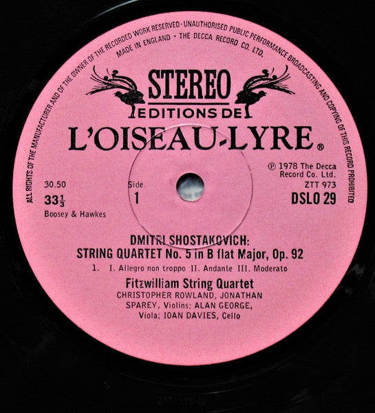 Image of Label of 3524193E: LP - FITZWILLIAM STRING QUARTET, Shostakovich: String Quartets Nos. 5 & 6 (L'Oiseau-Lyre; DSLO 29, UK 1978, Insert)   VG+/VG+