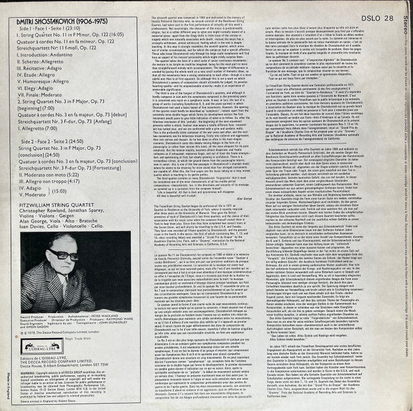 Image of Back Cover of 3524194E: LP - FITZWILLIAM STRING QUARTET, Shostakovich: String Quartets Nos. 3 & 11 (L'Oiseau-Lyre; DSLO 28, UK 1978, Insert)   VG+/VG+