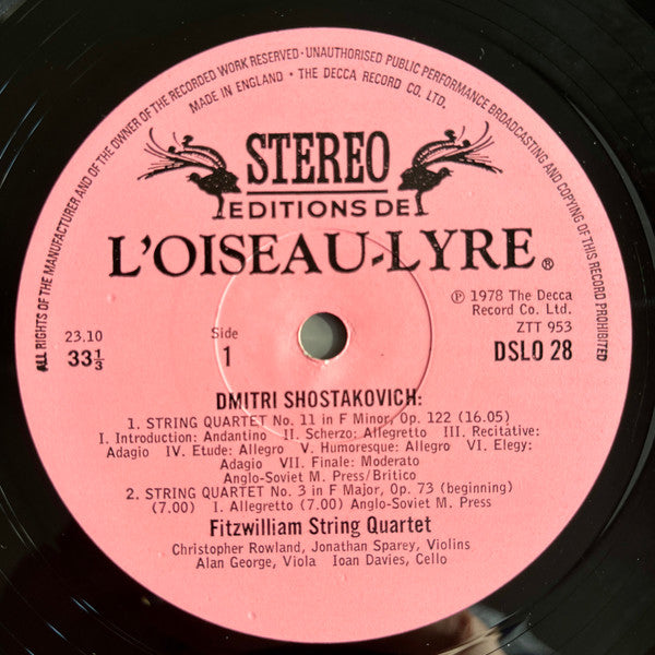 Image of Label of 3524194E: LP - FITZWILLIAM STRING QUARTET, Shostakovich: String Quartets Nos. 3 & 11 (L'Oiseau-Lyre; DSLO 28, UK 1978, Insert)   VG+/VG+