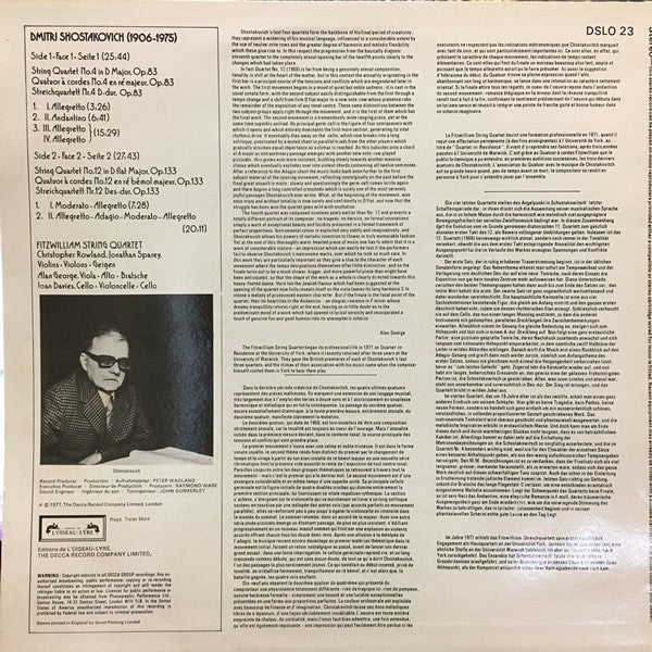 Image of Back Cover of 3524195E: LP - FITZWILLIAM STRING QUARTET, Shostakovich: String Quartets Nos. 4 & 12 (L'Oiseau-Lyre; DSLO 23, UK 1977, Insert)   VG+/VG+