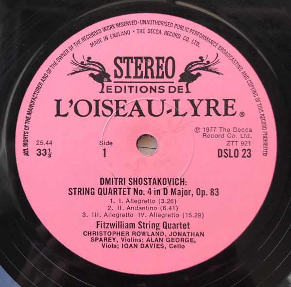 Image of Label of 3524195E: LP - FITZWILLIAM STRING QUARTET, Shostakovich: String Quartets Nos. 4 & 12 (L'Oiseau-Lyre; DSLO 23, UK 1977, Insert)   VG+/VG+