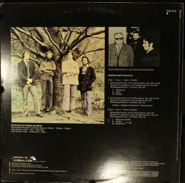 Image of Back Cover of 3524196E: LP - FITZWILLIAM STRING QUARTET, Shostakovich: String Quartets Nos. 7, 13 & 14 (L'Oiseau-Lyre; DSLO 9, UK 1975, Insert)   VG+/VG+