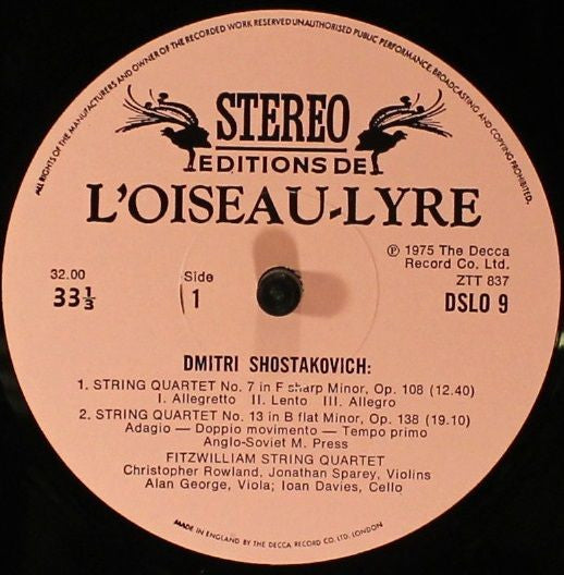 Image of Label of 3524196E: LP - FITZWILLIAM STRING QUARTET, Shostakovich: String Quartets Nos. 7, 13 & 14 (L'Oiseau-Lyre; DSLO 9, UK 1975, Insert)   VG+/VG+