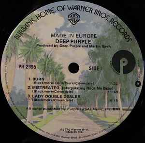 Image of Label of 2514142C: LP - DEEP PURPLE, Made In Europe (Warner Bros. Records; PR 2995, US 1976, Single Sleeve, Jacksonville Pressing) Cut-out (notched)  VG/VG+