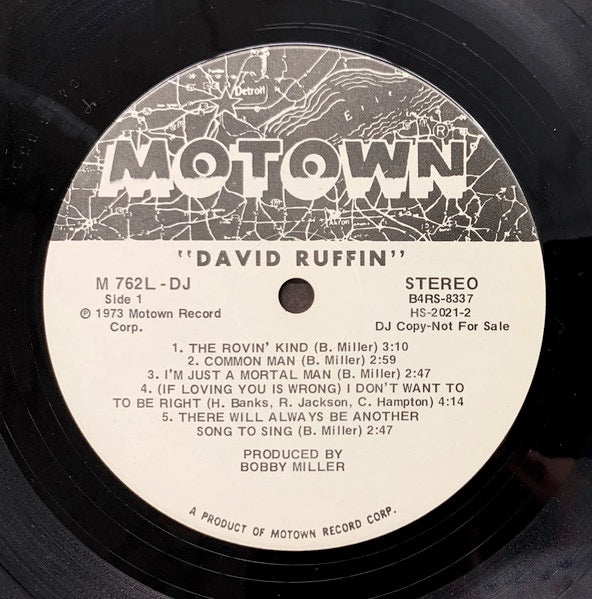 Image of Label of 3514222C: LP - DAVID RUFFIN, David Ruffin (Motown; M 762L-DJ, US 1973, Promo) Record slightly dished. Sleeve has split and damaged spine; some corner wear too  G+/G+