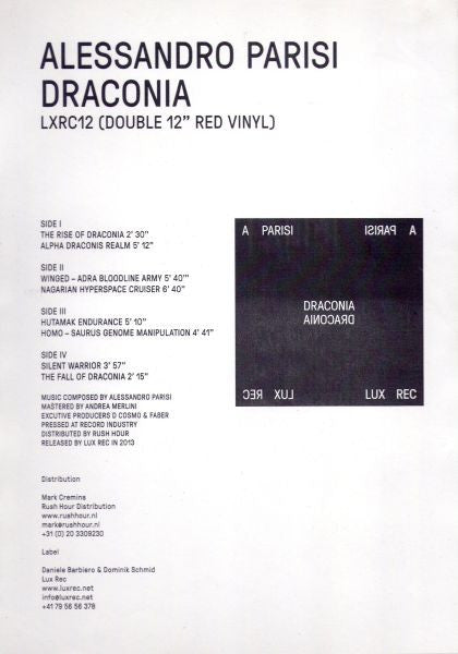 Image of Front Cover of 3524323E: 2x12" - ALESSANDRO PARISI, Draconia (Lux Rec; LXRC12, Switzerland 2013, White Label, Plain Sleeve, Insert)   /VG+