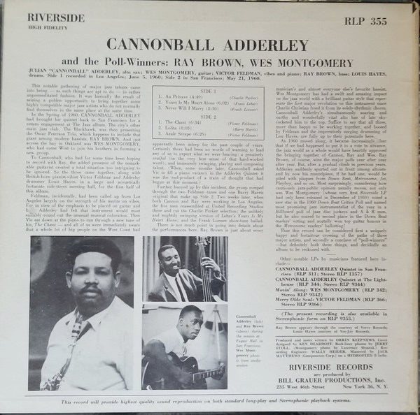 Image of Back Cover of 3514223C: LP - CANNONBALL ADDERLEY, Cannonball Adderley And The Poll-Winners Featuring Ray Brown And Wes Montgomery (Riverside Records; RLP 355, US 1960, Pasteback Sleeve, Mono) Sleeve worn at corners and edges; some light staining and discolouration on reverse  VG/G+