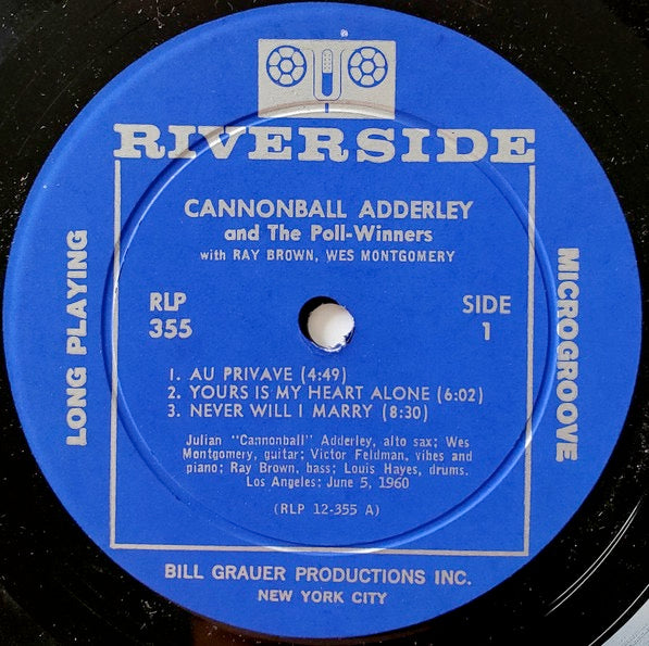 Image of Label of 3514223C: LP - CANNONBALL ADDERLEY, Cannonball Adderley And The Poll-Winners Featuring Ray Brown And Wes Montgomery (Riverside Records; RLP 355, US 1960, Pasteback Sleeve, Mono) Sleeve worn at corners and edges; some light staining and discolouration on reverse  VG/G+