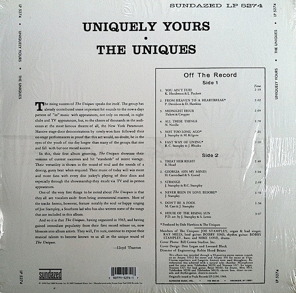 Image of Back Cover of 3524363E: LP - THE UNIQUES, Uniquely Yours (Sundazed Music ; LP 5274, US 2009 Reissue, Mono)   VG+/EX