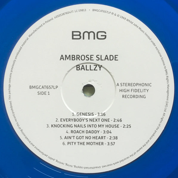 Image of Label of 3544147S: LP - AMBROSE SLADE, Ballzy (BMG; BMGCAT657LP, Europe 2022 Reissue, Blue vinyl) One corner creased  VG+/VG+