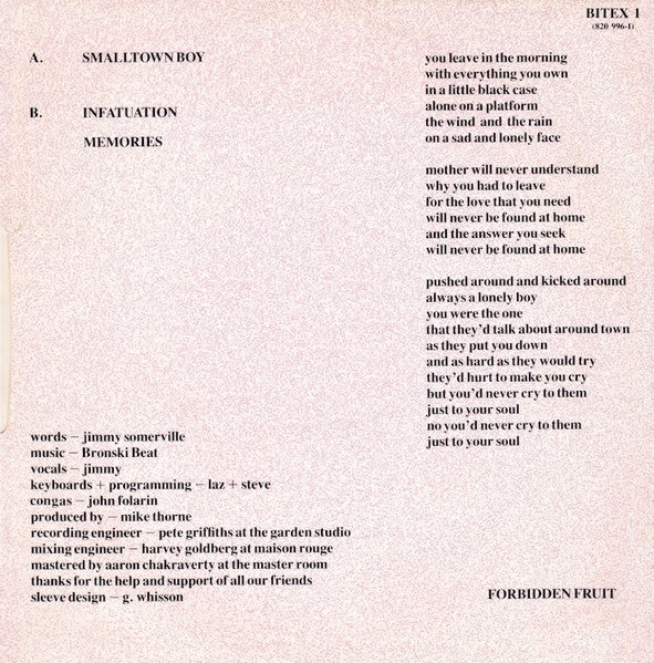 Image of Back Cover of 12" - VG/G - BRONSKI BEAT, Smalltown Boy (Forbidden Fruit; BITEX 1, UK 1984, Picture Sleeve), ,  - 3816200C