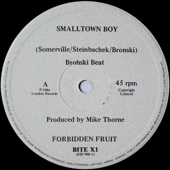 Image of Label Cover of 12" - VG/G - BRONSKI BEAT, Smalltown Boy (Forbidden Fruit; BITEX 1, UK 1984, Picture Sleeve), ,  - 3816200C