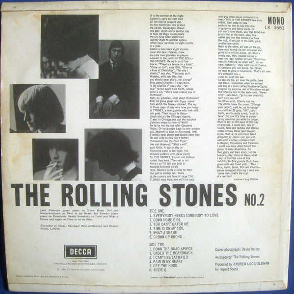 Image of Back Cover of 3524354E: LP - THE ROLLING STONES, No 2 (Decca Red Unboxed; LK 4661, UK 1965, Flipback Sleeve Printed By James Upton, Mono, Uncensored "Blind Man" Text, Made in England Upper Label Text)   VG/G+