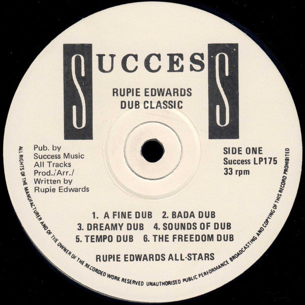 Image of Label of 3524408E: LP - RUPIE EDWARDS, Dub Classic (Success; LP175, UK 1977) Light marks only, sounds clean. Light ringwear and general wear on sleeve, still looks great.  VG+/VG+