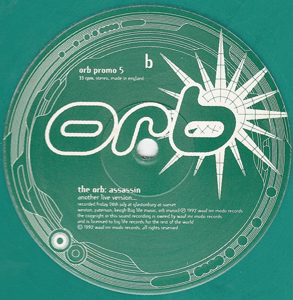 Image of Back Cover of 3524421E: 12" - THE ORB, Assassin (Big Life; orb promo 5, UK 1992, Plain Sleeve, Aqua colored vinyl)   /VG