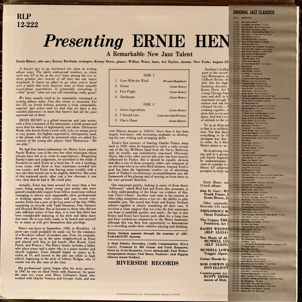 Image of Back Cover of 3524428E: LP - ERNIE HENRY, Presenting Ernie Henry (Original Jazz Classics; OJC-102, US 1984 Reissue, Picture Sleeve, Mono)   VG/VG