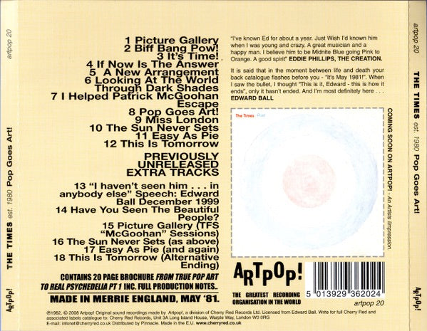 Image of Back Cover of 4434092E: CD - THE TIMES, Pop Goes Art! (Artpop! Records; artpop 20, UK 2008 Reissue, Jewel Case) Light Marks only.  VG+/VG+