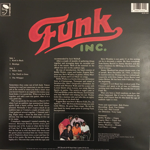 Image of Back Cover of 3514309C: LP - FUNK INC., Funk Inc. (BGP Records; BGPD 1041, UK Reissue) Shrink-wrap  VG+/EX