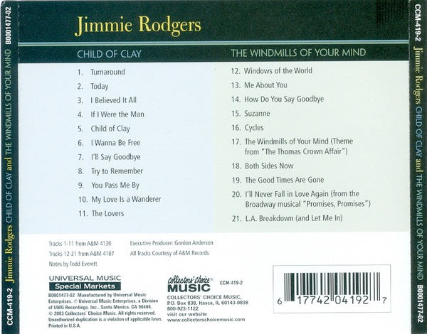 Image of Back Cover of 3514317C: CD - JIMMIE RODGERS, Child Of Clay & Windmills Of Your Mind (Collectors' Choice Music; CCM-419-2, US 2003, Jewel Case)   VG+/VG+