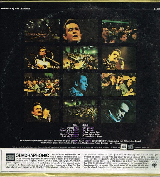 Image of Back Cover of 3514280C: LP - JOHNNY CASH, At San Quentin (CBS; CQ 30961, UK 1972, Quadraphonic, Blue Rim Text) Light bag rash from poly lined sleeve, Top edge wear  VG/VG