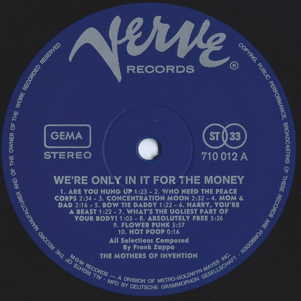 Image of Label of 3544219S: LP - THE MOTHERS OF INVENTION, We're Only In It For The Money (Verve Records; 710 012, Germany 1968, Gatefold,  198557) Writting Inside Gatefold  VG/G