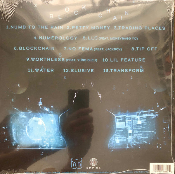 Image of Back Cover of 3514351C: LP - MONEY MAN, Blockchain (Black Circle / EMPIRE; ERE774, US 2022, Blue Seaglass Wave Vinyl) Stickered shrink  VG+/EX