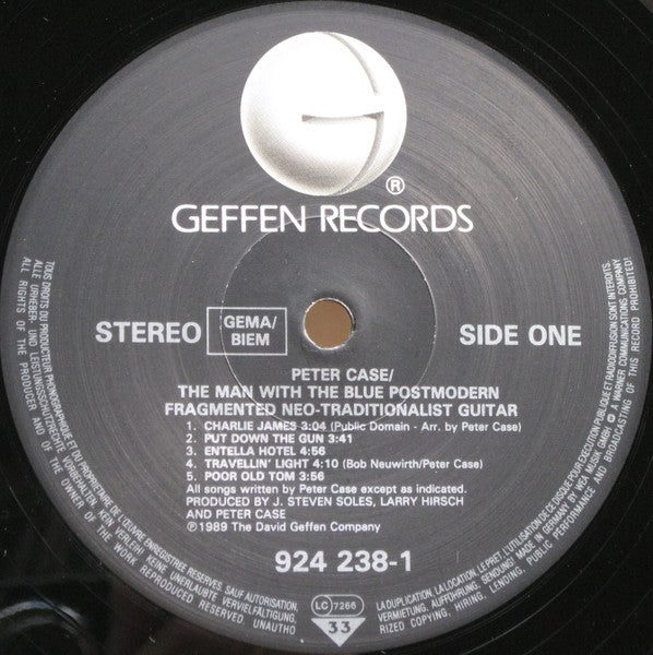 Image of Label of 3514342C: LP - PETER CASE, The Man With The Blue Postmodern Fragmented Neo-Traditionalist Guitar (Geffen Records; 924 238-1, Europe 1989, Inner) Small sticker damage.  VG/VG+