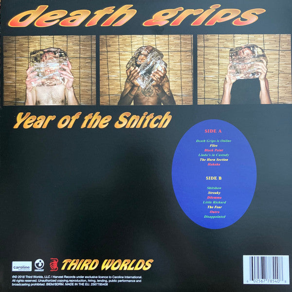 Image of Back Cover of LP - VG/VG - DEATH GRIPS, Year Of The Snitch (Third Worlds; 2567785408, Europe 2018, Inner), scrach on B3, ring wear & cover scuffing,  - 2746286S